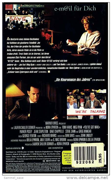 VHS Video ,  E-m@il Für Dich  -  Mit : Tom Hanks (Joe Fox), Meg Ryan (Kathleen Kelly)  -  Von 1999 - Lovestorys