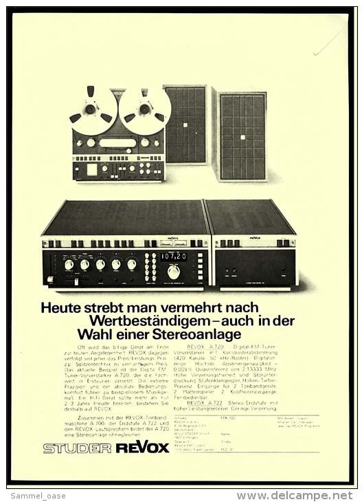 Reklame Werbeanzeige  ,  Studer Revox Stereoanlage  ,  Heute Strebt Man Vermehrt Nach Wertbeständigem  -  Von 1975 - Andere Geräte