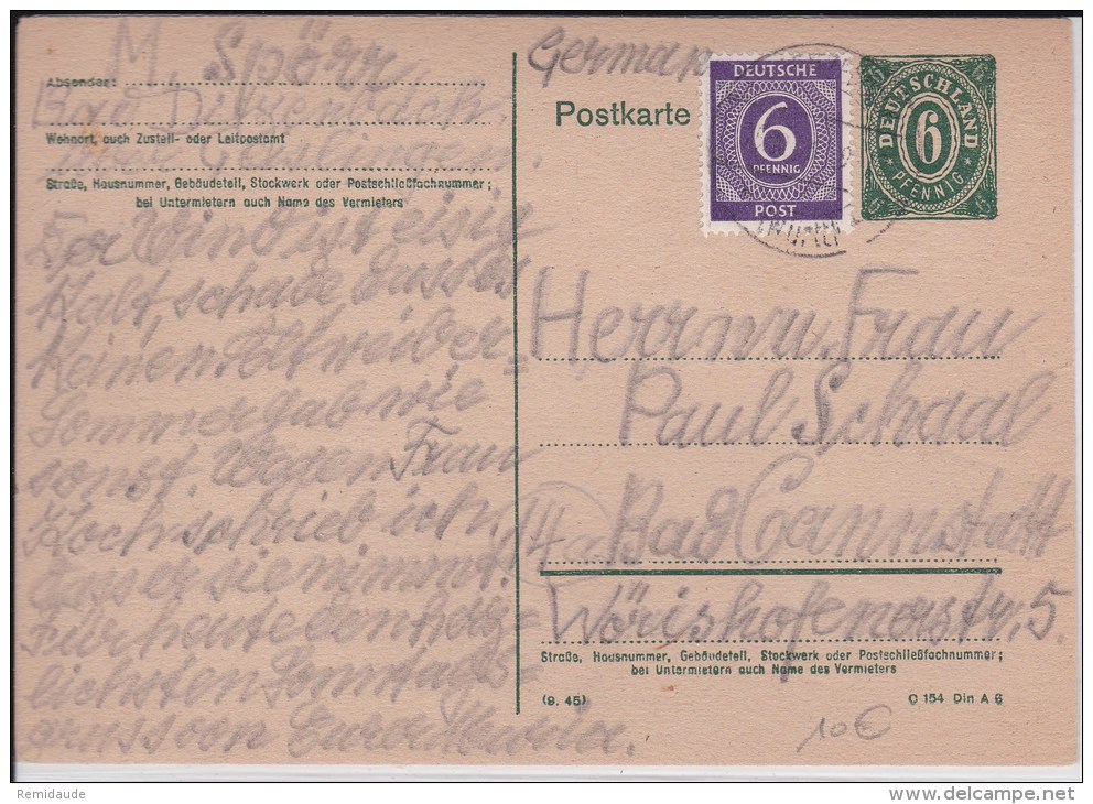 ZONE AAS - 1946? - CARTE POSTALE De BAD DITZENBACH - Postal  Stationery