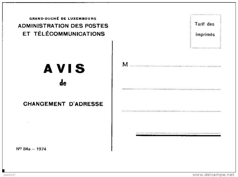 Luxembourg - Postes - Avis De Changement D'adresse N° 84 A - 1974 (non Utilisé) - Ganzsachen