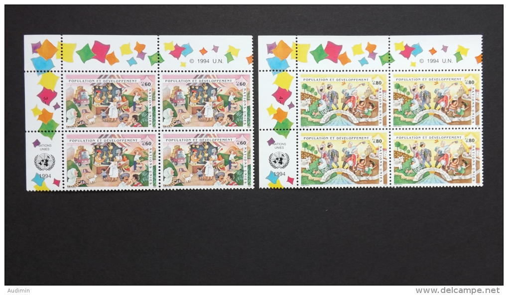 UNO-Genf 254/5 Sc 258/9 Yt 274/5 **/mnh Eckrandviererblock ´A´, Bevölkerung  (EVB ´B,C Oder D´ Auch Möglich) - Unused Stamps