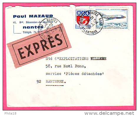 ENVELOPPE A ENTETE PAUL MAZAUD NANTES COURRIER EXPRES II - 1 - 1966 A DESTINATION DE NANTERRE - Storia Postale