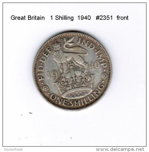 GREAT BRITAIN    1 SHILLING  SILVER  1940  (KM # 853) - I. 1 Shilling