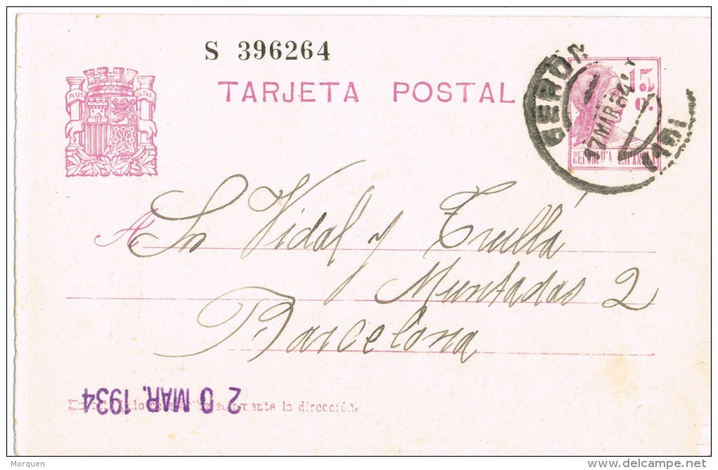 4377. Entero Postal GERONA 1934 Republica, Variedad Impresion, Num 69 º - 1850-1931