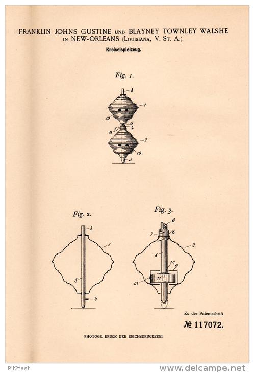 Original Patentschrift -B. Walshe In New Orleans , 1899 , Kreisel , Gyroscope, Rotary, Top, Spinning Top , Brummkreisel - Toy Memorabilia