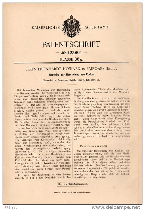 Original Patentschrift - J. Howard In Fair Oak , 1899 , Machine For The Production Of Cork !!! - Tools