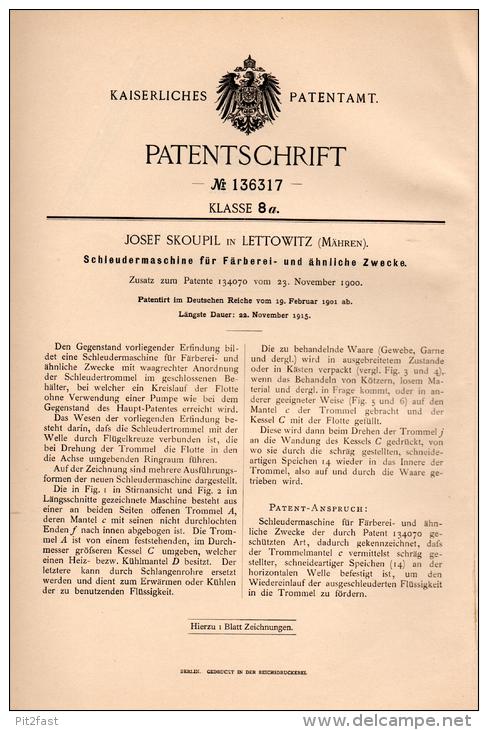 Original Patentschrift - J. Skoupil In Lettowitz / Letovice , 1901 , Schleudermaschine Für Färberei , Schleuder !!! - Maschinen