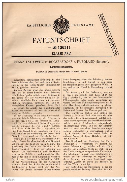 Original Patentschrift - F. Tallowitz In Rückersdorf B. Friedland , 1902 , Karten - Mischmaschine , Dolni Rasnice - Machines