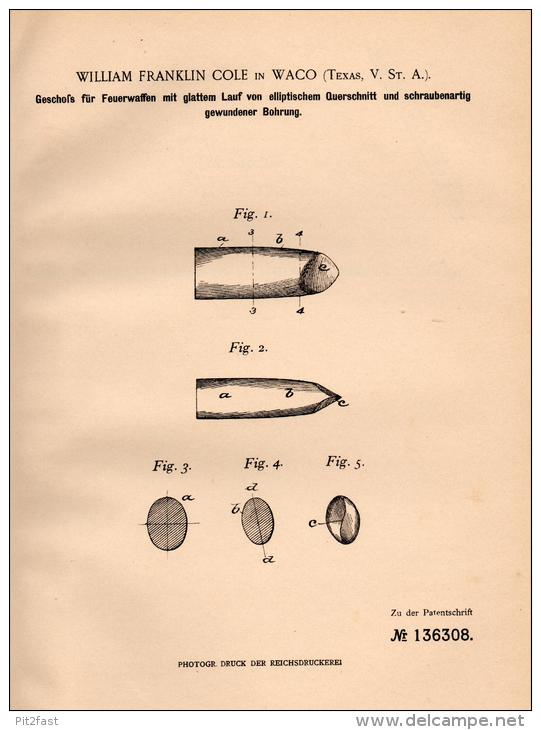 Original Patentschrift - W.F. Cole In Waco , Texas , 1901 , Bullet For Gun, Rifle, Pistol , Cartridge , Munitions !!! - Documents