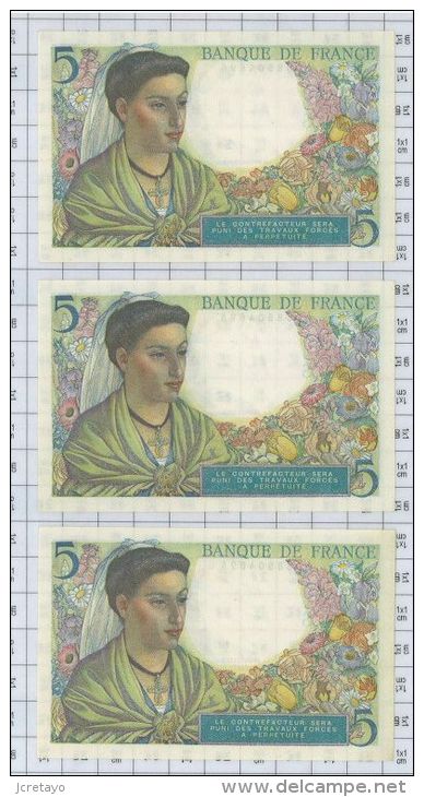 Série De 3 Billets Se Suivant 5 Francs Berger, Ref Fayette 5-2, état TTB - 5 F 1943-1947 ''Berger''