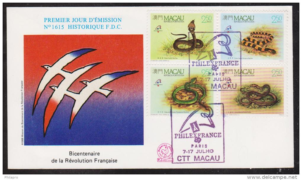 MACAU  FDC  PHILEX FRANCE 89+SERPENTS  YVERT N°589/92  Réf 4410 - FDC