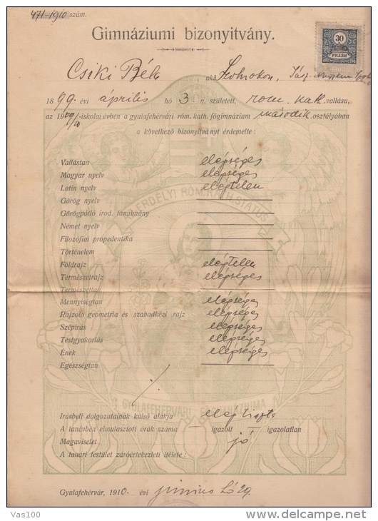 MIDDLE SCHOOL DIPLOMA, 1910, ROMANIA - Diplômes & Bulletins Scolaires