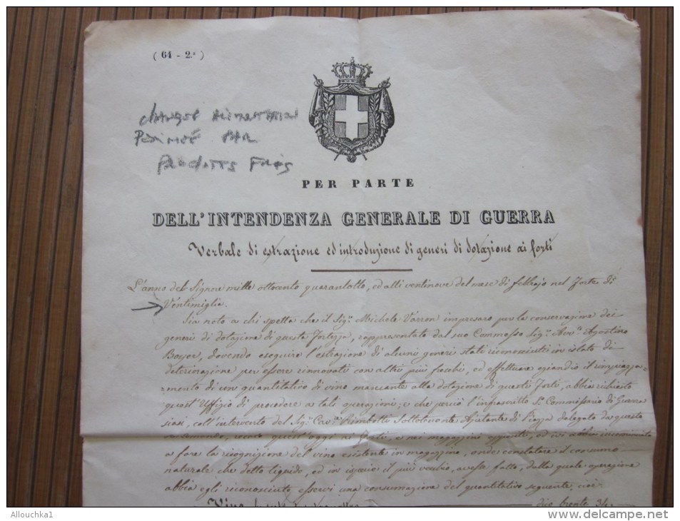 Vintimiglia1840 DELL'INTENDANZA GENERALE DI GUERRA Verbale Di Estrazione Introduuzione Di Generi Di Dolazioneai Forti - Documentos Históricos