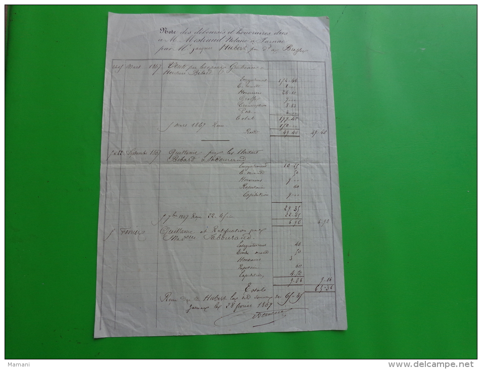 Note Des Debourses Et Honoraires Notaire Jarnac De 1869.--- - Non Classificati