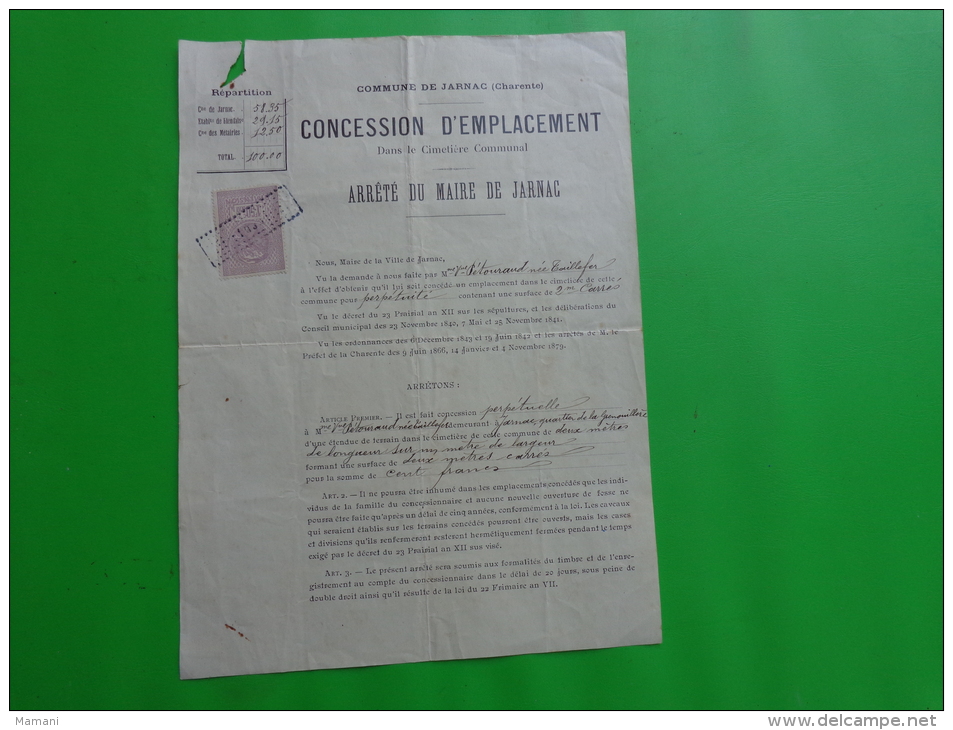 Concession Cimetiere. - --jarnac Timbre Dimension 1r50c2 Et 10 De 1912 Cachet De Mairie De Jarnac - Non Classificati