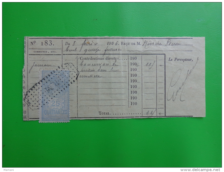 Reçu Jarnac En 1906 Pour Concession De Terrain-timbre Quittance De 25c.-- - Non Classificati