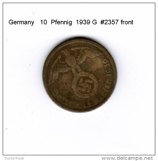 GERMANY   10  REICHS PFENNIG  1939 G  (KM # 92) - 10 Reichspfennig
