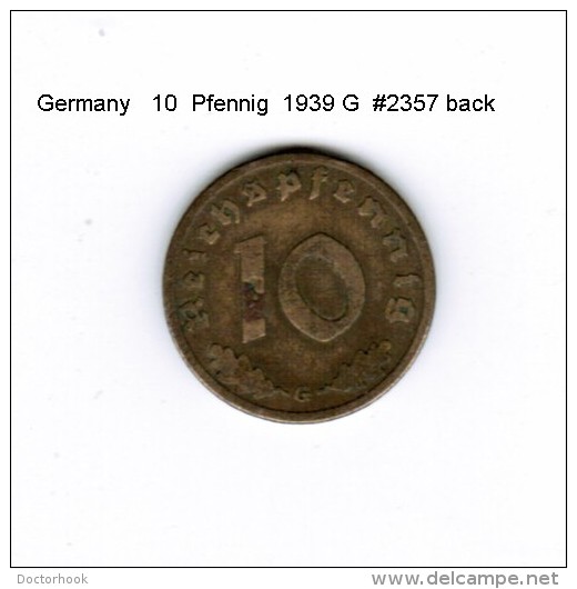 GERMANY   10  REICHS PFENNIG  1939 G  (KM # 92) - 10 Reichspfennig