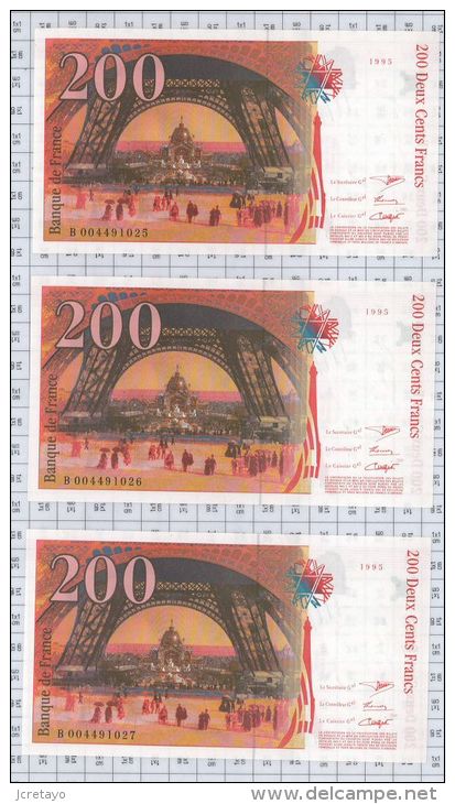 Lot De 3 Billets Se Suivant 200 Francs Eiffel, Ref Fayette 75-1, état NEUF - 200 F 1995-1999 ''Eiffel''