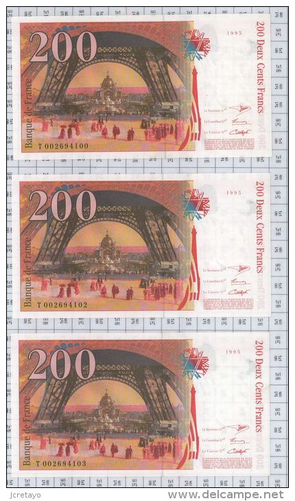 Lot De 3 Billets Se Suivant 200 Francs Eiffel, Ref Fayette 75-1, état NEUF - 200 F 1995-1999 ''Eiffel''