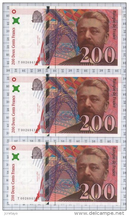 Lot De 3 Billets Se Suivant 200 Francs Eiffel, Ref Fayette 75-1, état NEUF - 200 F 1995-1999 ''Eiffel''