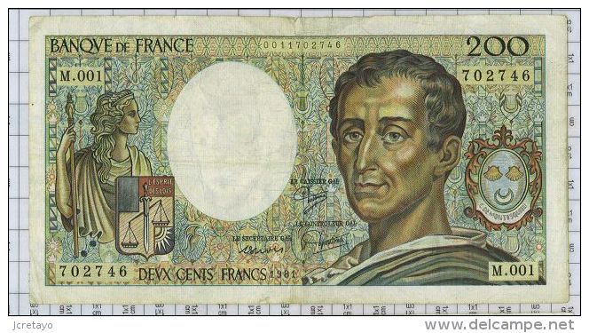 200 Francs Montesquieu, Ref Fayette 70-1, état TTB - 200 F 1981-1994 ''Montesquieu''