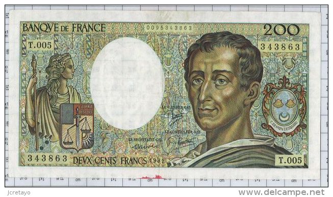 200 Francs Montesquieu, Ref Fayette 70-1, état SUP - 200 F 1981-1994 ''Montesquieu''