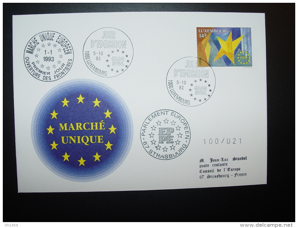 LUXEMBOURG LE MARCHE UNIQUE EUROPEEN CONSEIL EUROPE  FDC TIRAGE LIMITE 100ex. - Covers & Documents