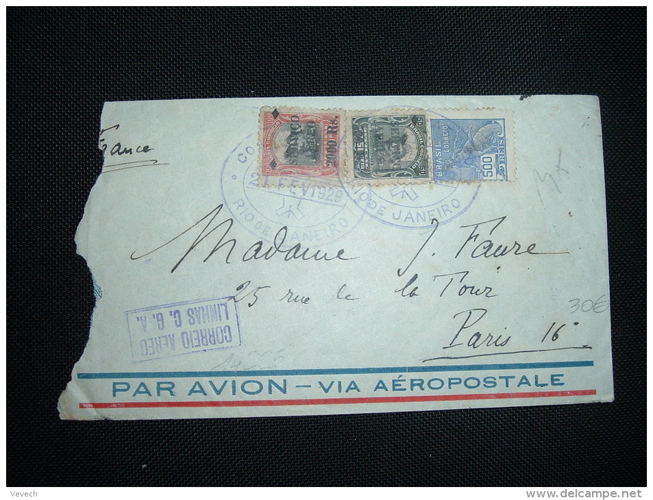 LETTRE PAR AVION VIA AEROPOSTALE POUR FRANCE TP SURCHARGE SERVICO AEREO 2000 RS + 500 RS + TP 500 REIS OBL. VIOLETTE - Posta Aerea