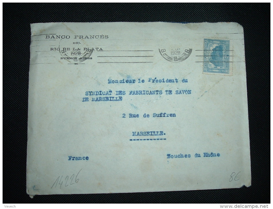 LETTRE POUR FRANCE TP 12C OBL.MEC. 1928 BUENOS AIRES + BANCO FRANCES DEL RIO DE LA PLATA - Briefe U. Dokumente