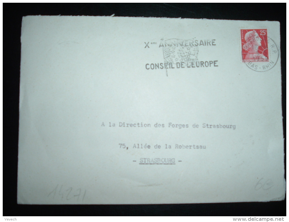 LETTRE TP MARIANNE DE MULLER 25F OBL.MEC. 5-5-1959 STRASBOURG RP (67 BAS-RHIN) + CONSEIL DE L'EUROPE - EU-Organe