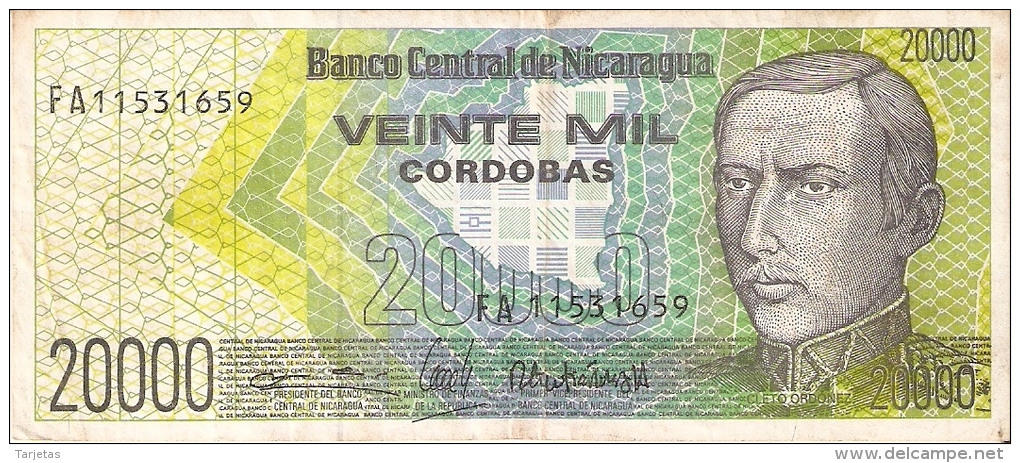 BILLETE DE NICARAGUA DE 20000 CORDOBAS DEL AÑO 1989 (BANK NOTE) - Nicaragua