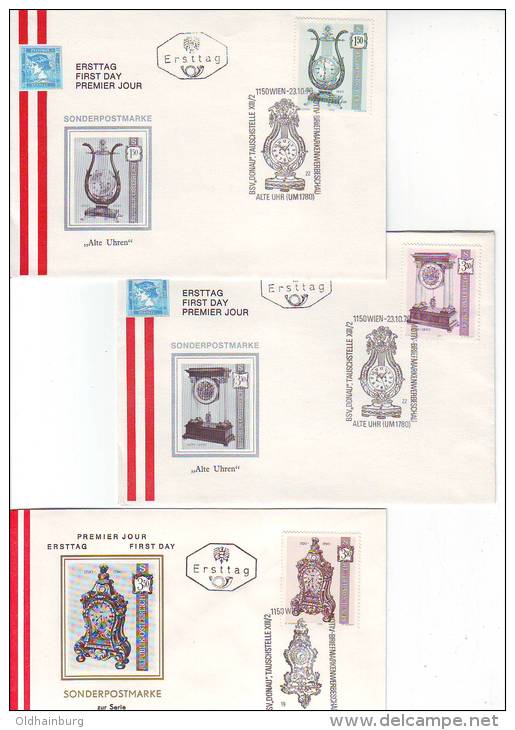 1150d: Österreich 1970 Serie Alte Uhren, Old Clocks, FDCs Plus Blocs Of 4 ** (3 Scans) - Clocks