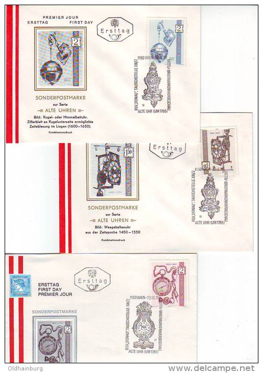 1150d: Österreich 1970 Serie Alte Uhren, Old Clocks, FDCs Plus Blocs Of 4 ** (3 Scans) - Clocks