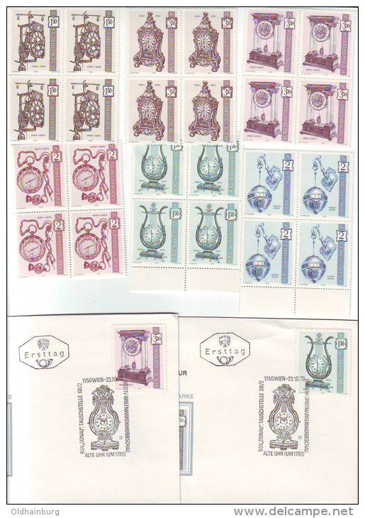 1150e: Österreich 1970 Serie Alte Uhren, Old Clocks, FDCs Plus Blocs Of 4 ** (2 Scans) - Clocks