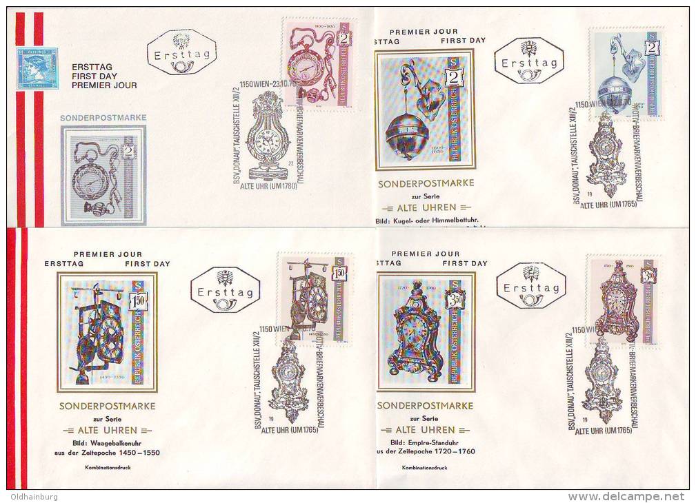 1150e: Österreich 1970 Serie Alte Uhren, Old Clocks, FDCs Plus Blocs Of 4 ** (2 Scans) - Clocks