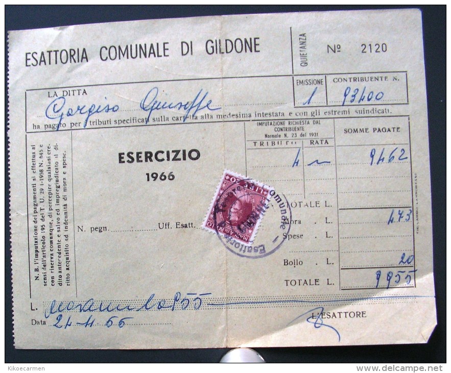 1966 Marca Da Bollo £ 20 Molise ESATTORIA E TESORERIA COMUNALE Gildone Campobasso Fiscale Italia - Revenue Stamps