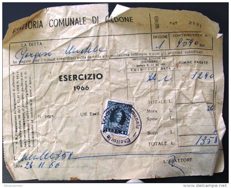 1966 Marca Da Bollo £ 4 Molise Bollo ESATTORIA E TESORERIA COMUNALE Gildone Campobasso Fiscale Italia - Revenue Stamps