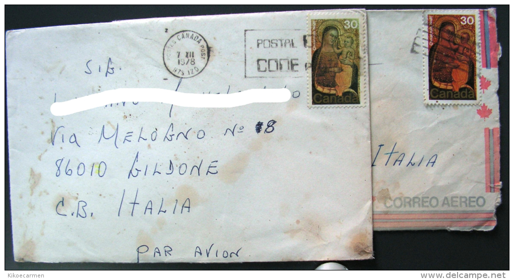 !!! COLOR CANADA 1978 Green Colour Instead Of Brown + Regular Stamp, Both Single On Cover To Italy NOEL CHRISTMAS - Plaatfouten En Curiosa