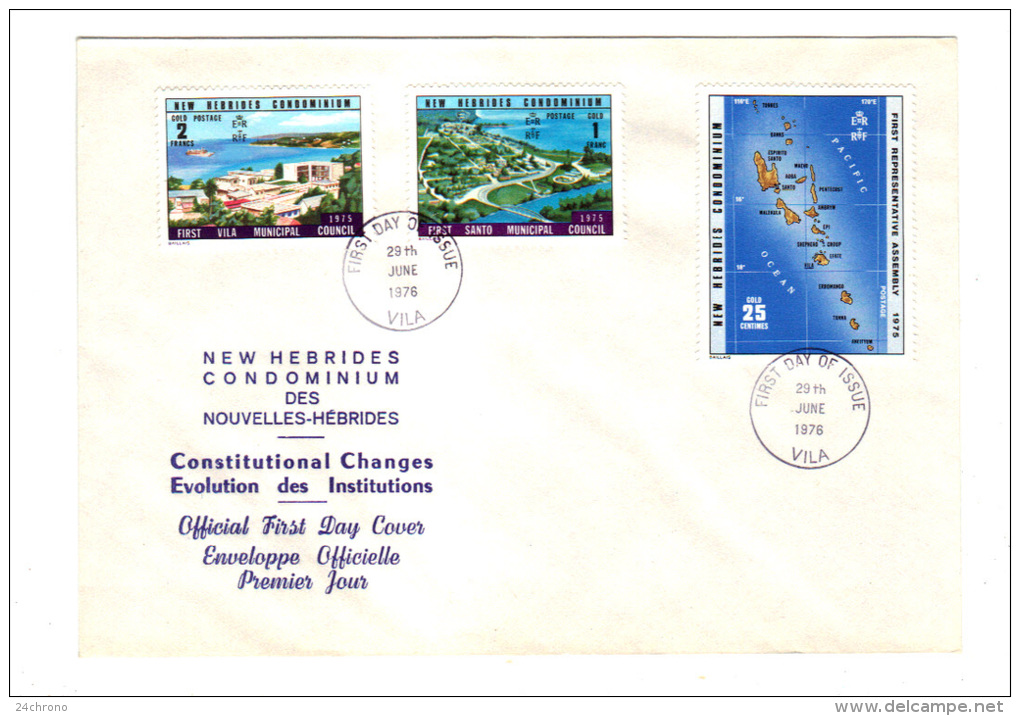 Premier Jour D´ Emission, FDC: Nouvelles Hebrides, Vila, Constitution Changes Evolution Des Institutions, 29-06-76 - FDC