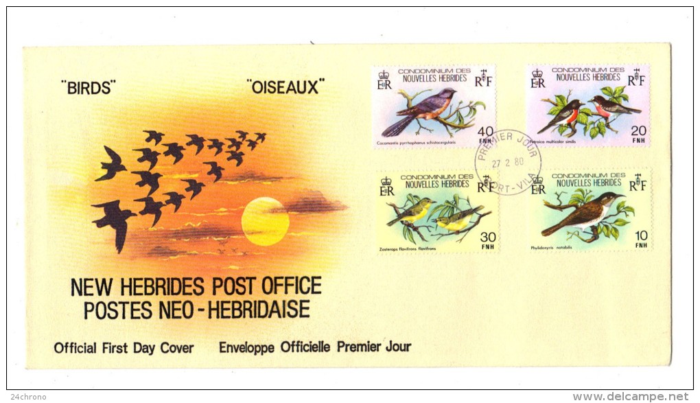 Premier Jour D´ Emission, FDC: Nouvelles Hebrides, Port Vila, Oiseaux, 27-02-80 (13-2984) - FDC