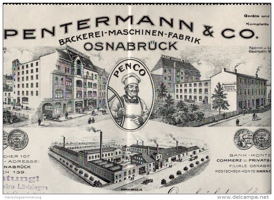 ! 1927 - 1 Dekorative Alte Firmenrechnung Der Firma Pentermann & Co. Bäckerei Maschinen Fabrik Penco, Osnabrück, Melle - 1900 – 1949