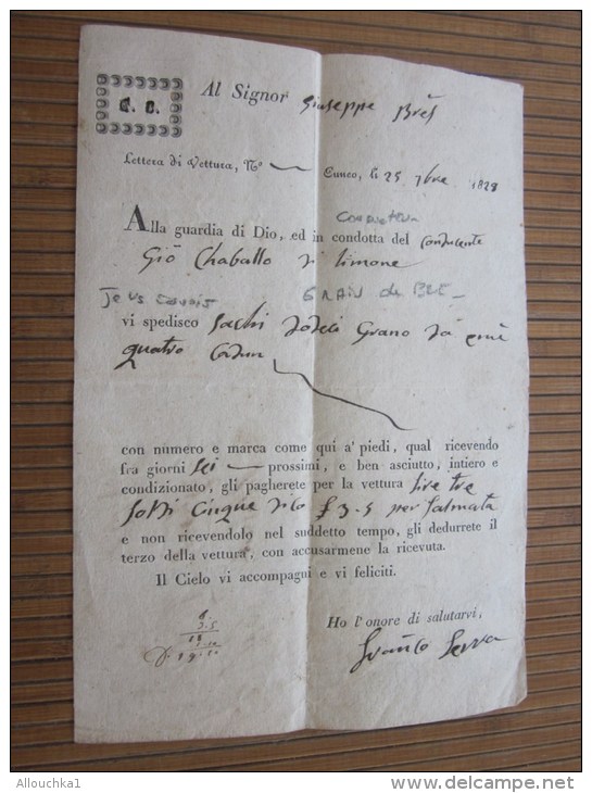 RARE 1828 Lettera Di Vettura + Fiscale F. Serra Negoziante In Cuneo Italie Italia &gt;G. Bresso - Brés &gt; Nizza Nice F - Italia