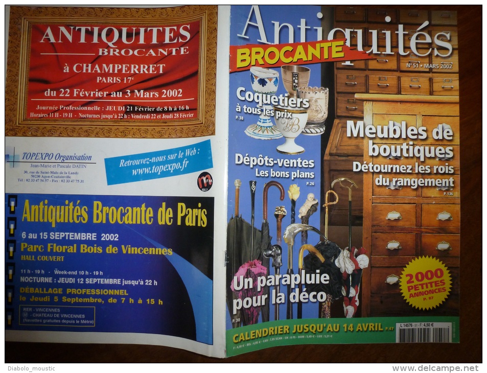 N° 51 De  Mars 2002  Revue ANTIQUITES-BROCANTE  Coquetiers ; Meubles De Boutiques ; Parapluies...etc... - Verzamelaars