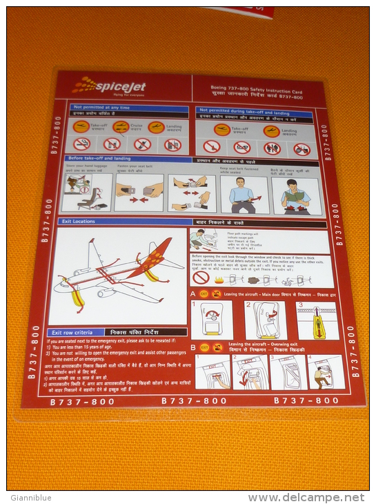 India SpiceJet Safety Card Boeing B737-800 - Consignes Sécurité/safety Card - Scheda Di Sicurezza