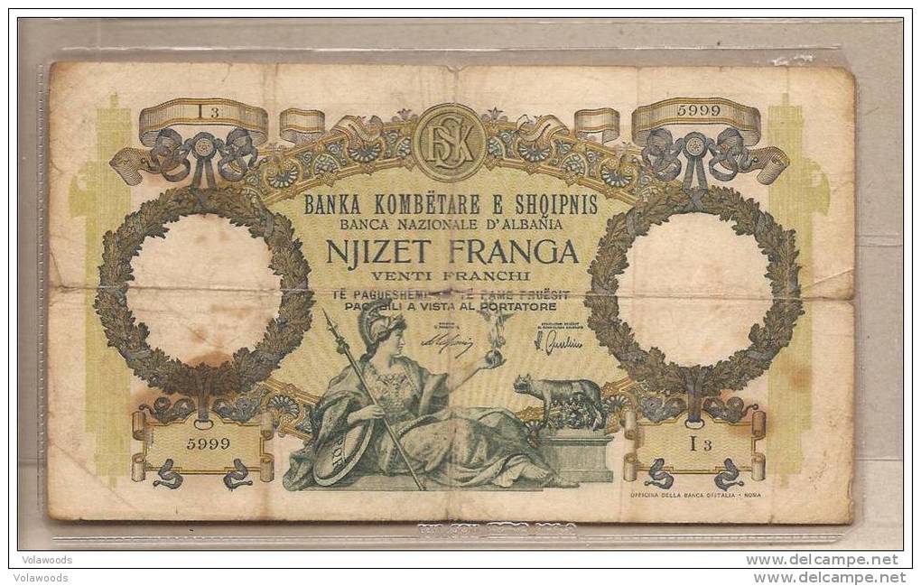 Albania Occupazione Italiana - Banconota Circolata Da 20 Franchi - RARA - Albanie