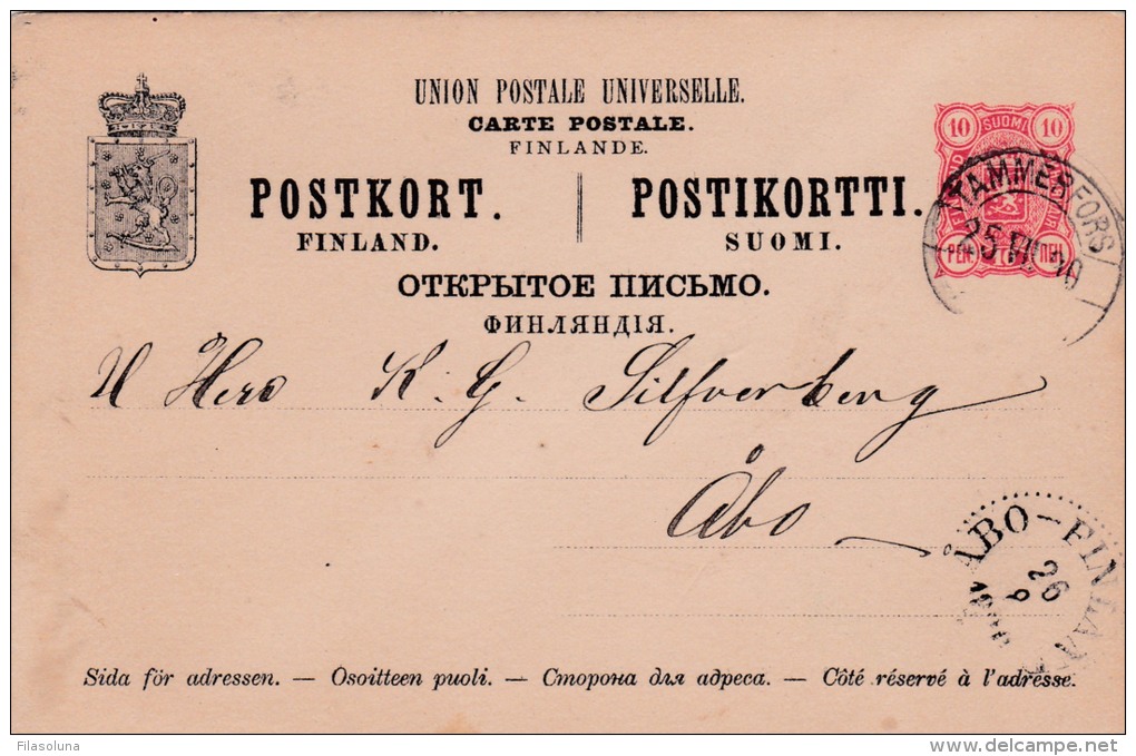 00453 Enteropostal De Tammerfors A Abo 1890 - Lettres & Documents