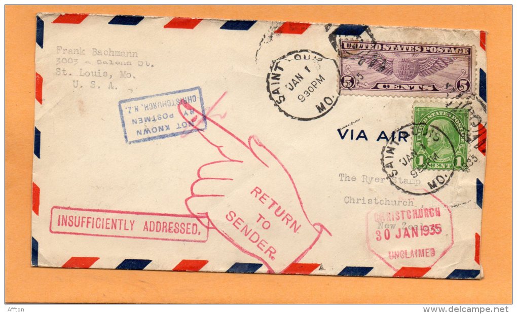 USA 1935 Cover To New Zealand Returned Many Cancels - Briefe U. Dokumente