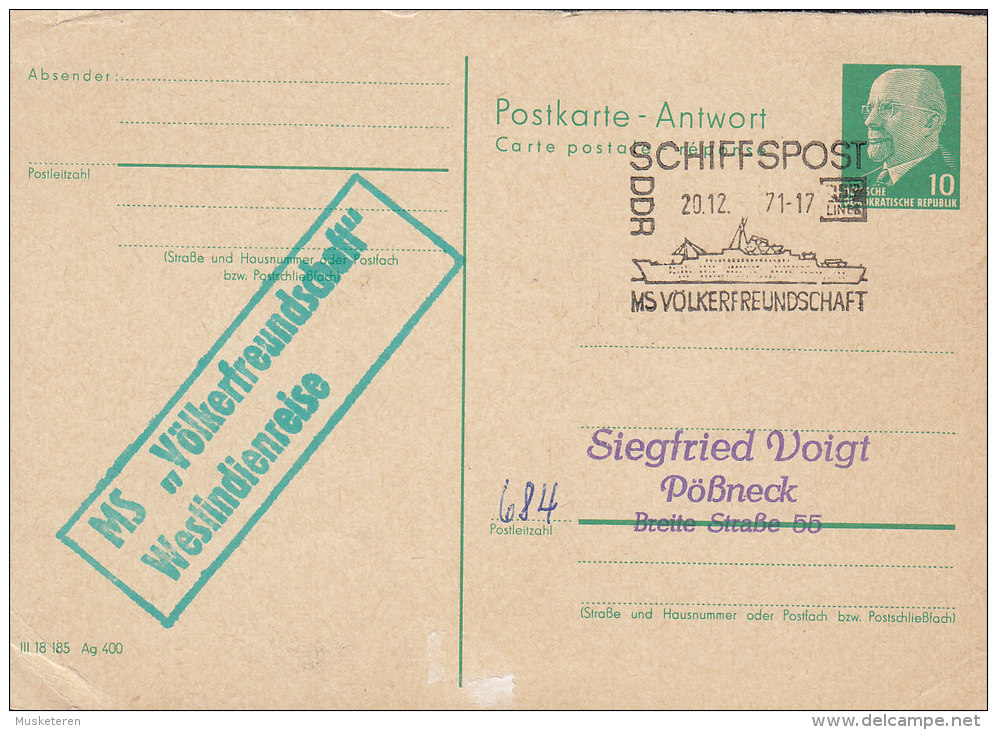 Germany DDR Postal Stationery Ganzsache Entier Antwort Respons Schiffspost MS VÖLKERFREUNDSCHAFT Westindienreise 1971 - Cartes Postales - Oblitérées