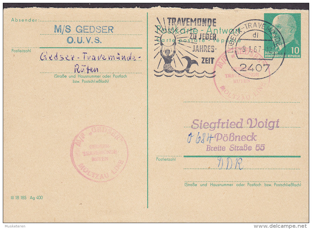Germany DDR Postal Stationery Ganzsache Entier Antwort Schiffspost MS Gedser MOLTZAU Line GEDSER-TRAVEMÜNDE1967 - Postcards - Used